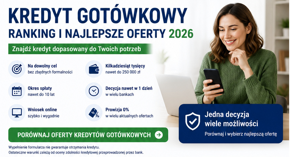 Artykuł: Kredyt gotówkowy – kalkulator raty i na co patrzeć przed wyborem? – Oblicz orientacyjną ratę i porównaj rzeczywisty koszt kredytu Potrzebujesz pieniędzy na remont, samochód, leczenie, wyposażenie mieszkania albo inny wydatek? Oblicz orientacyjną ratę kredytu gotówkowego. Sprawdź RRSO, koszt całkowity, prowizję, okres…